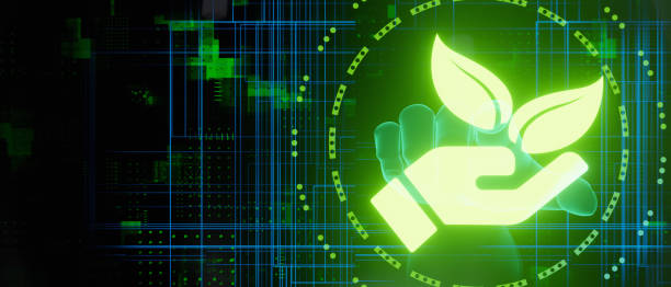 istock Ecology and Technology Concept Glowing Lights with Hand Pressing 3D Render 1400261531
