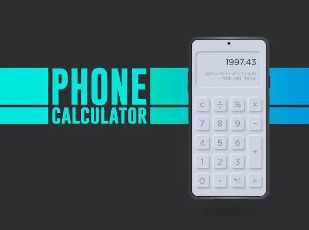 Vector illustration of Neumorphism or Skeuomorphism Style Calculator on Phone Mockup Template