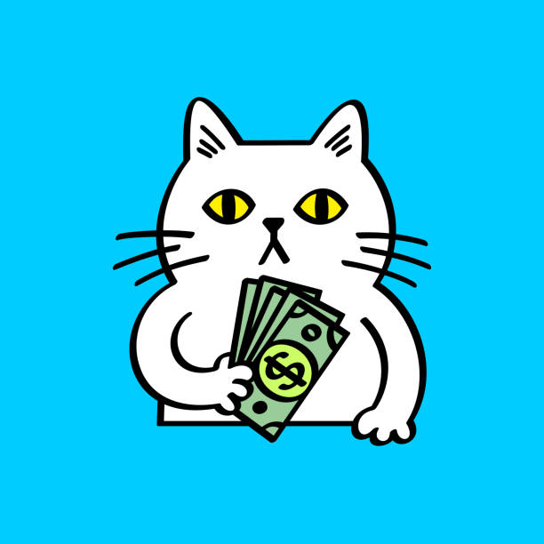 ilustraciones, imágenes clip art, dibujos animados e iconos de stock de gato blanco sosteniendo pila de dólares - money cat