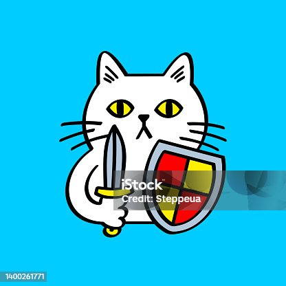 istock White cat with shield and sword 1400261771