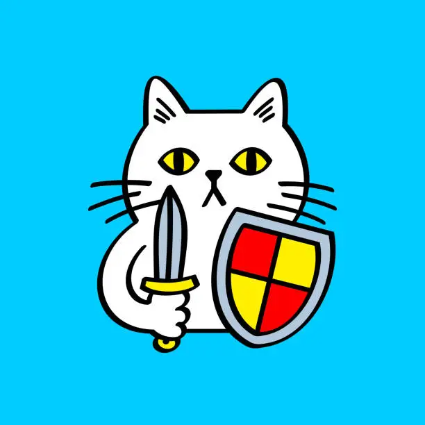 Vector illustration of White cat with shield and sword