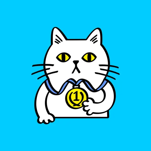 Vector illustration of White cat with a gold medal