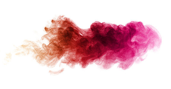 pink-red dust powder explosion. The texture is abstract and splashes float. on a white background