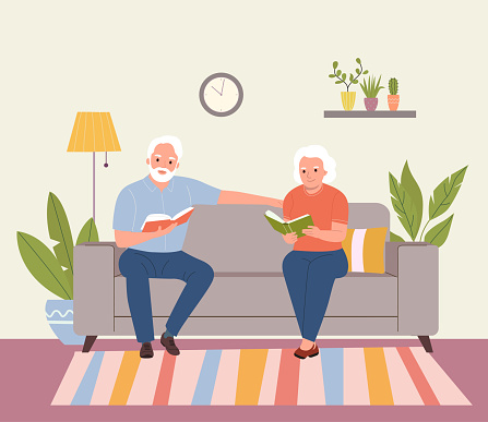Elderly woman and man sitting on the sofa  with books at living room. Vector flat style illustration
