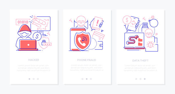 illustrations, cliparts, dessins animés et icônes de hacker et voleur de données - ensemble de bannières de style line design - computer crime flash