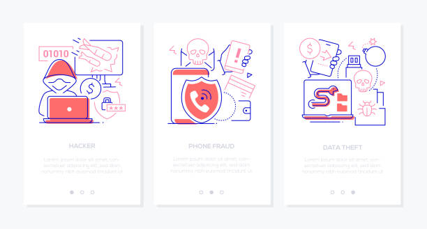 Hacker and data thief - line design style banners set vector art illustration