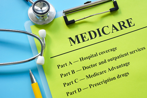 Papers about types of medicare insurance and a stethoscope.