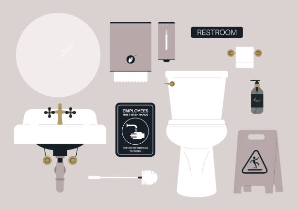 레스토랑 화장실 인테리어 세트, 세라믹 싱크대 및 변기, 빈티지 가구 - paper towel public restroom hygiene cleaning stock illustrations