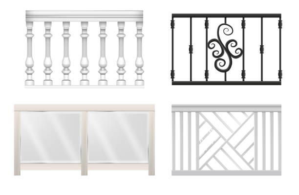 Realistic Detailed 3d Different Fence Rail Set. Vector Realistic Detailed 3d Different Fence Rail Set Include of White Balustrade, Metal Fencing Railing. Vector illustration baluster stock illustrations