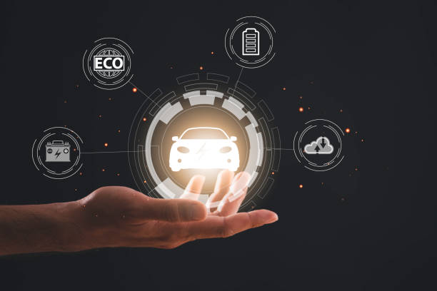 istock hand holding a technology screen, Electric car virtual reality concept 1400265839
