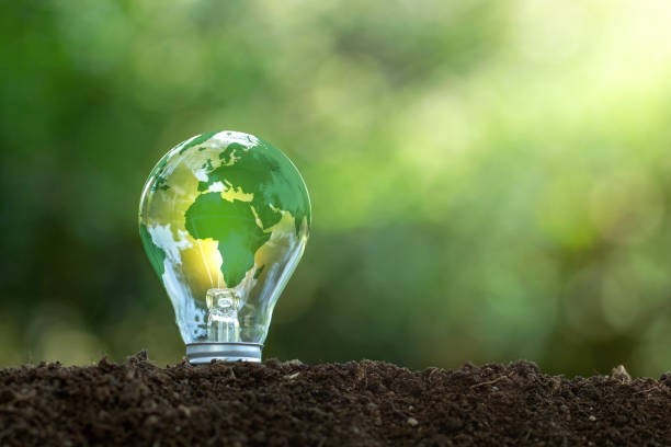 再生可能エネルギー環境保護、再生可能で持続可能なエネルギー源。グリーン世界地図は、グリーンエネルギーを表す電球上にあります 世界にとって重要な再生可能エネルギー - recycled bulb ストックフォトと画像