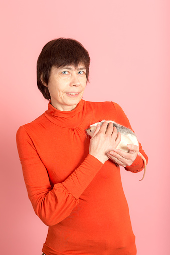 woman with two domestic rats on a pink background