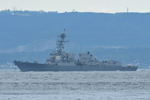 Kanagawa, Japan - May 21, 2022: United States Navy USS Spruance (DDG-111), Arleigh Burke-class destroyer sailing in Tokyo bay.