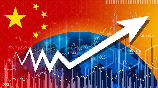 Economic Growth in China. Economic Forecast for the China Economy. Up arrow in the chart against the background of the China flag. stock photo