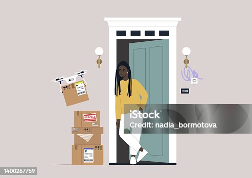 istock A young female African character standing in the doorway outside the building entrance, a drone delivering packages to their door 1400267759
