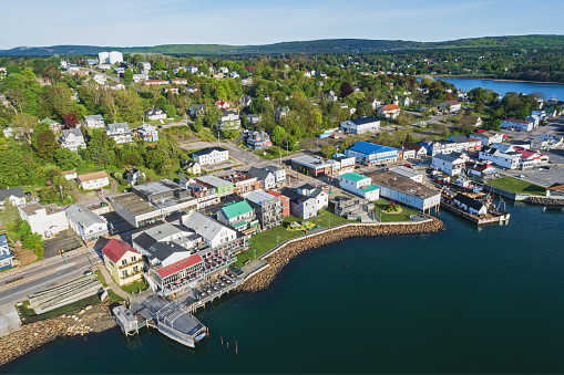 Aerial view of a small fishing town.