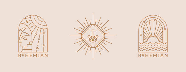 ボヘミアンのロゴ。太陽のラインエンブレム。ベクトルセット。 - hamsa点のイラスト素材／クリップアート素材／マンガ素材／アイコン素材