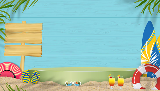 Summer background with beach vacation holiday theme with copy space on blue wooden wall, Vector 3D banner with podium mockup Summer design with coconut palm leaf shadow on wood plank texture
