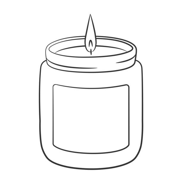 A burning candle in a jar. A burning candle in a jar. Style of sketch of doodles. Drawing a line of a simple wax candle. Isolated vector illustration. open flame stock illustrations