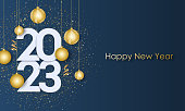 Frohes Neues Jahr 2023. Feiertagsgrußbanner mit Luftballons und der Inschrift