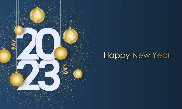Vector illustration of Happy New Year 2023. Holiday greeting banner with balloons and the inscription