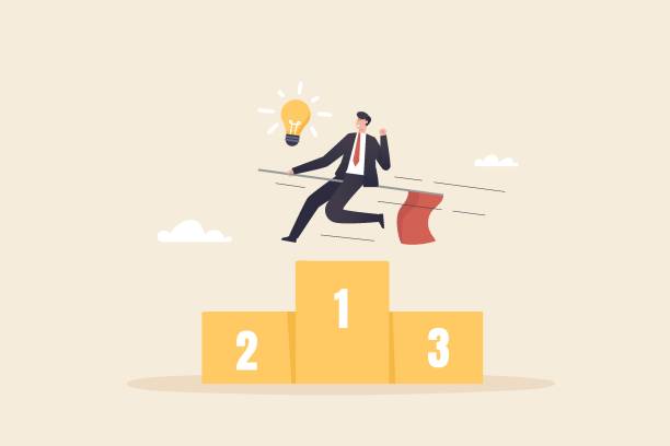 istock Different achievements, winner's success businessman standing or riding a red flag on winner podium. Business champion succeed to get reward, winning number one. 1400271668
