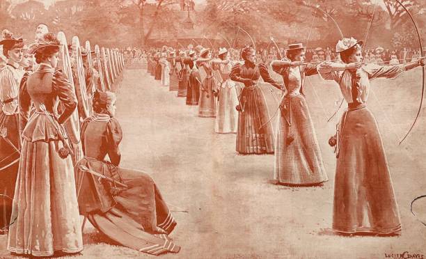 Regents Park, London: Women's Archery Competition Illustration from 19th century. archery range stock illustrations