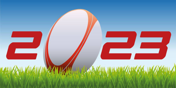 ilustrações de stock, clip art, desenhos animados e ícones de sports greeting card on the theme of rugby for the year 2023 - bola de râguebi