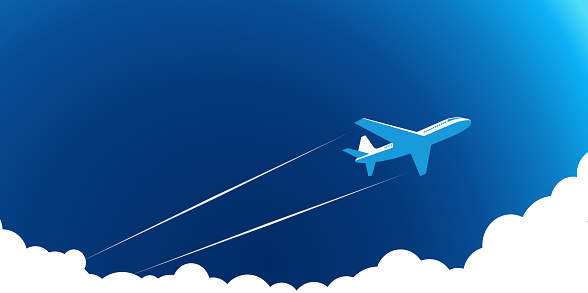 Air plane flies in the blue sky above the clouds, leaving trail behind it. Illustration, vector