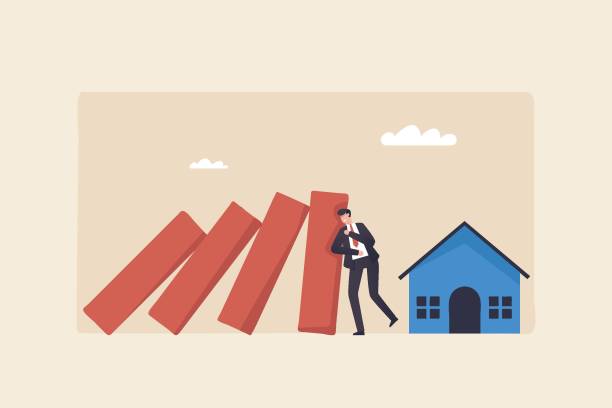 ilustrações, clipart, desenhos animados e ícones de crise habitacional, um mercado imobiliário para imóveis aflitos.
a desaceleração nos preços dos imóveis. o homem de negócios pára um efeito dominó para proteger uma casa. - real people illustrations