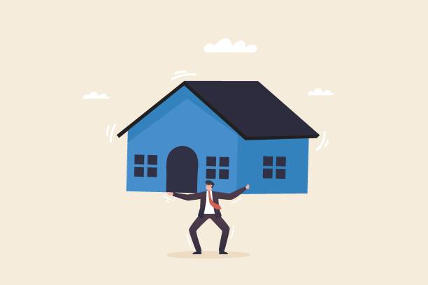 rosnące ceny domów i wzrost cen domów jako rosnąca koncepcja wartości nieruchomości. biznesmen niesie dom. - real people illustrations stock illustrations