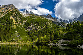 Beautiful mountain lake landscape. Popradske Pleso, Tatra National Park, Slovakia.