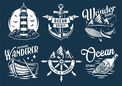 Marine print set with lighthouse at mountain. Helm and whale and bottle. Monochrome t-shirt nautical apparel design