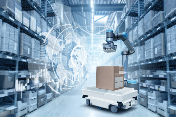 istock Concept of unmanned automated warehouse with robots 1400277020