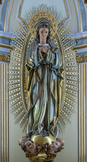 Valencia - The carved polychrome statue of Immaculate Conception in the church Iglesia de San Valero y San Vicente Mártir by unknown artis.