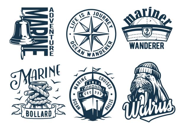 Marine print set with cruises, walrus and bollard Marine print set with cap of walrus. Cruises, bollard and bell. Monochrome t-shirt nautical apparel design bellcaptain stock illustrations