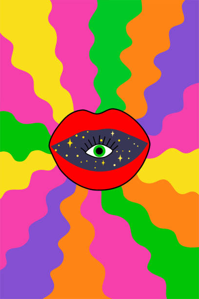 istock Retro Psychedelic hippie poster. 70s abstract covers with lips, rainbows, floating eye and space. 1400277354