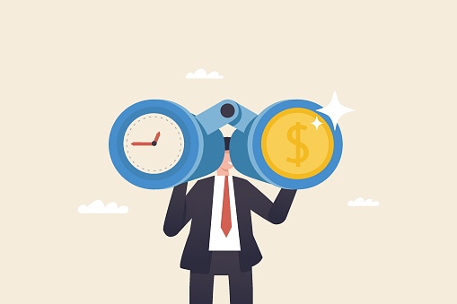 Time and money are important concepts for investors.
Time Management Tips for Financial. Businessman look through binoculars to find time and coin money.
