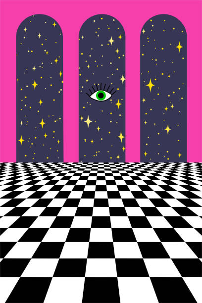 istock Retro Psychedelic hippie poster. 70s abstract covers with lips, rainbows, floating eye and space. 1400277601