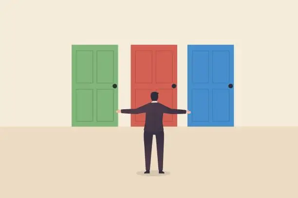 Vector illustration of Businessman thinking, decision making, difficult choice, choose between two options, considering alternative, career strategy, questionnaire or survey. Businessman standing in front of opened doors and making decision