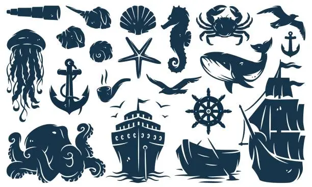 Vector illustration of Nautical set, ocean lighthouse, sea marine anchor