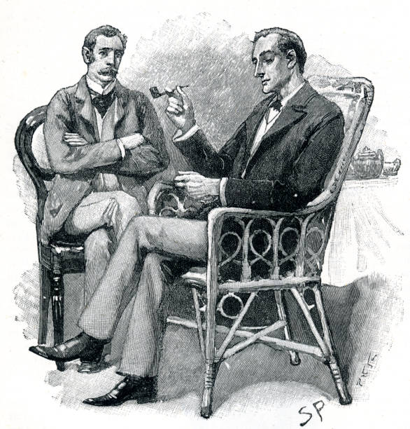 Sherlock Holmes and Dr Watson with pipe Sherlock Holmes a fictional detective by British author Sir Arthur Conan Doyle. 

A "consulting detective" Holmes is known for his proficiency with observation, deduction, forensic science and logical reasoning that borders on the fantastic, 

Works for a wide variety of clients, including Scotland Yard. sherlock holmes icon stock illustrations