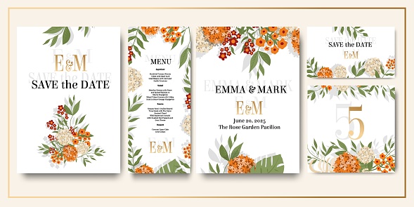 Set of wedding invitations, set of fashionable templates for design , vector - save the date, wedding menu, table number, invitation. Orange and beige flowers , greenery. Delicate floral illustrations with shadows. Contemporary art, vector