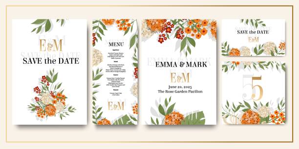 Set of wedding invitations, set of fashionable templates for design , vector - save the date, wedding menu, table number, invitation. Orange and beige flowers , greenery. Delicate floral illustrations with shadows. Contemporary art, vector vector art illustration