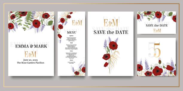 Set of wedding invitations, set of fashionable templates for design , vector - save the date, wedding menu, table number, invitation. Red and Lilac flowers, Poppies and lavender, greenery. Delicate floral illustrations with shadows. vector art illustration
