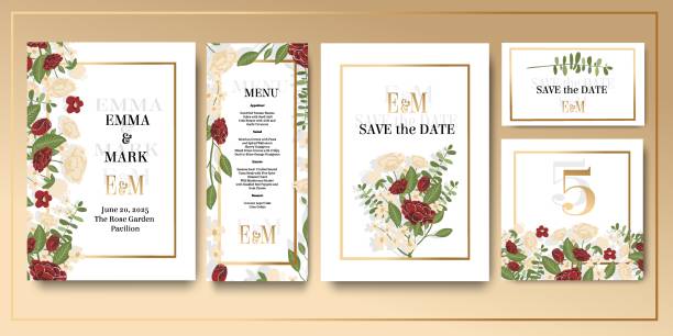Set of wedding invitations, set of fashionable templates for design , vector - save the date, wedding menu, table number, invitation. Red and pink flowers, roses and greenery. Delicate floral illustrations with shadows. Contemporary art, vector vector art illustration