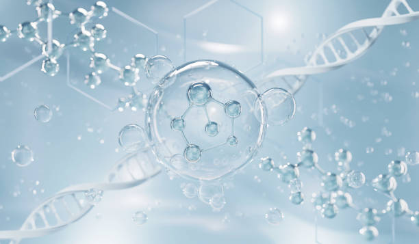 istock Realistic molecules background. Science illustration of a cream molecule. Hyaluronic acid skin solutions advertising, 1400285906
