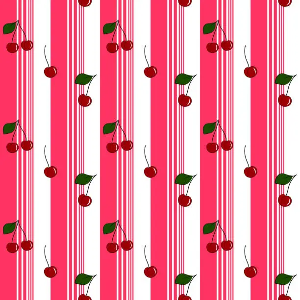 Vector illustration of Summer resort stripe with fresh red cherry seamless pattern ,vector fot fashion fabric and all prints wallpaper ,book cover,on pink line. Vector illustration