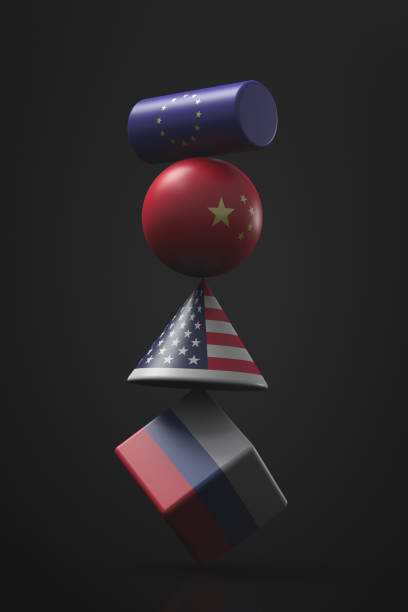 istock Geopolitical international themes. Geometric figures balancing on each other with state symbols of world superpowers 1400287654