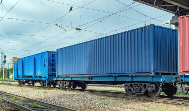 istock Flatcars (flat wagons) with 40ft containers on Trans-Siberian Railroad. Fitting platforms. 1400289174
